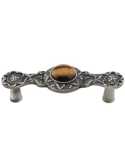 Victorian Jewel Pull Inset with Tiger Eye - 3 inch Center-to-Center in Antique Pewter.